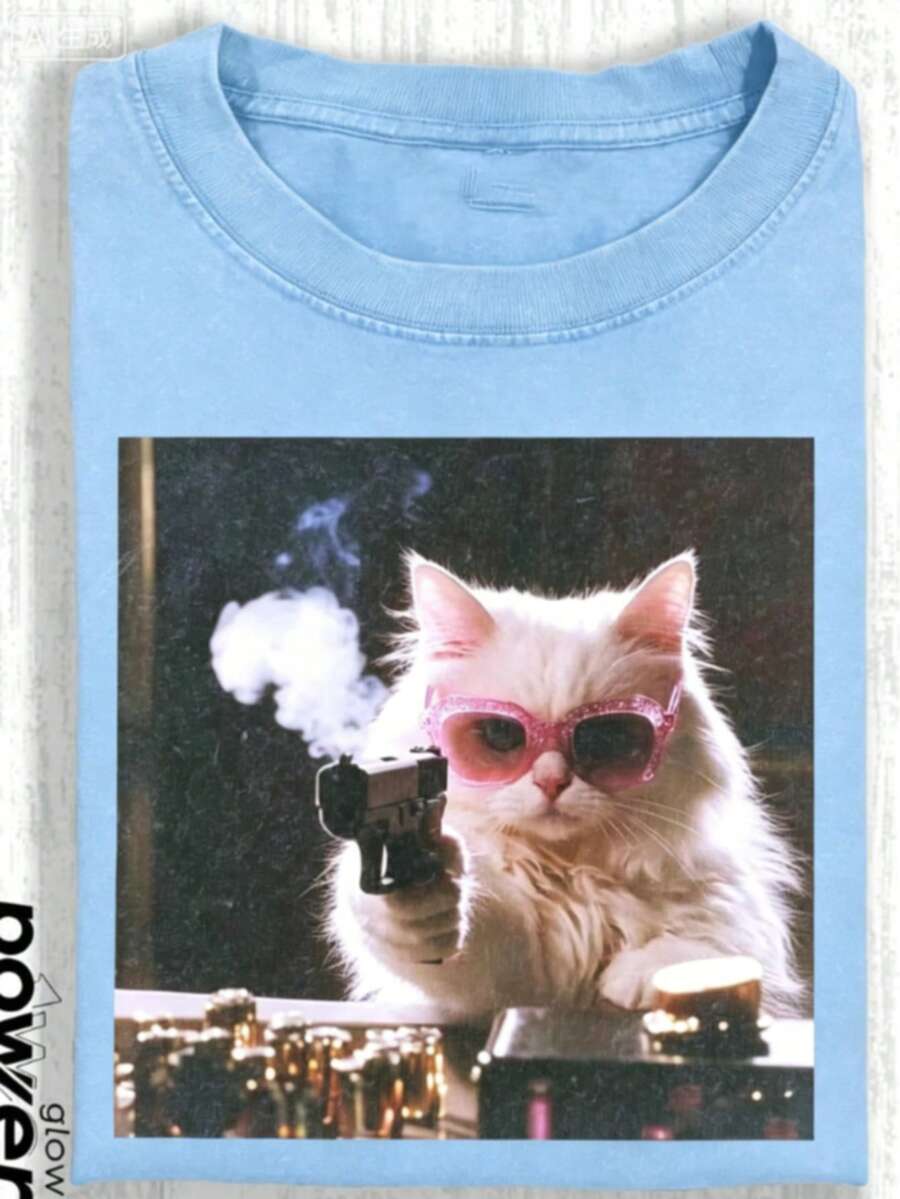 1pcsCute Cat Funny Graphic Graphic T-ShirtMen's Cotton T-Shirt, 230G Washed Short-Sleeve Suitable For Halloween, Christmas And Spring Festival Gifts - 天藍色 - 查看 1