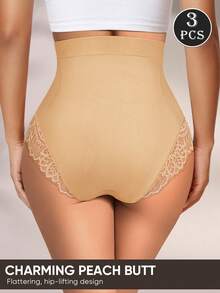 MEIYATING 3pcs High Waist Tummy Control Butt Lifting Seamless Lace Pattern Triangle Panties For Women - Multicolor - View 5