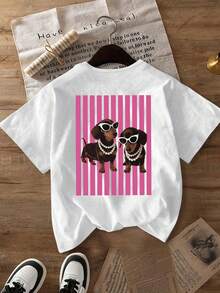 Plus Size Women's Casual Fashion Dachshund Print Crew Neck Short Sleeve T-Shirt White Summer - White - View 5