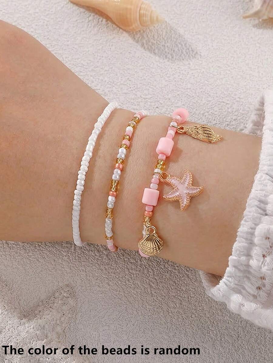 3件組兒童米珠海星貝殼海螺吊墜手鍊套組，適合兒童日常裝飾 - 彩色 - 查看 1