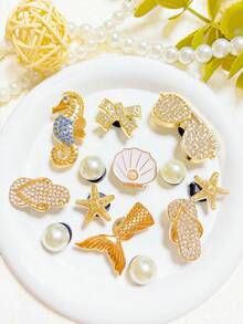 20件米色鞋飾（海星、花朵、貝殼、蝴蝶結）適用於穿孔拖鞋DIY裝飾配件，完美搭配單品，生日、節日、派對禮物首選 - 金色13pcs - 查看 5