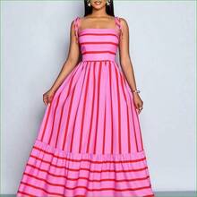 Vestido largo de estilo fluido y con rayas, con tirantes y detalles de recogido en el pecho, adecuado para vacaciones, playa, viajes y uso casual, elegante vestido (Floral aleatorio) - Azul - Ver 5