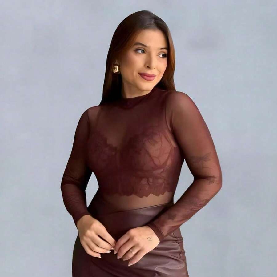 Body Feminino de Tule Liso Manga Longa e Gola Alta Transparente Moda Outono Inverno - Marrom - Visão 1