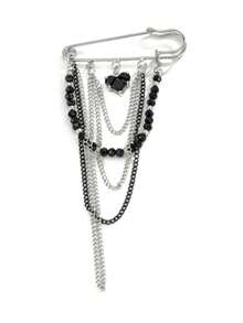 1pc Silver & Black Heart Beaded Brooch With Layered Tassel Chain, Vintage Style Safety Pin, Exclusive For Women, Perfect For Suit Jackets, Dresses, Scarves & Sweaters, Fashionable For Banquet Party Jewelry Accessory, Gift For Her - Silver - View 5