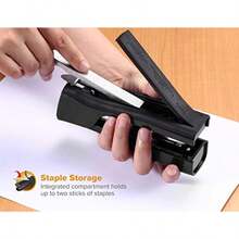 Bostitch Office Eco-Friendly Dynamo - Grapadora de pie 4 en 1, incluye 420 grapas, capacidad de 20 hojas, sacapuntas de lápiz integrado, removedor de grapas y almacenamiento de grapas, color negro - medianoche - Ver 5