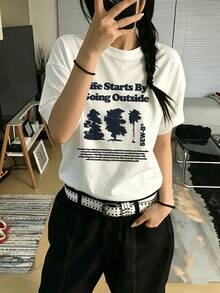 100% Cotton. Casual Short-Sleeved Printed T-Shirt. Simple, Cute, Loose-Fitting T-Shirt With English Letter Print, Women's Short-Sleeved Summer Top. Spring/Summer Top. - White - View 1