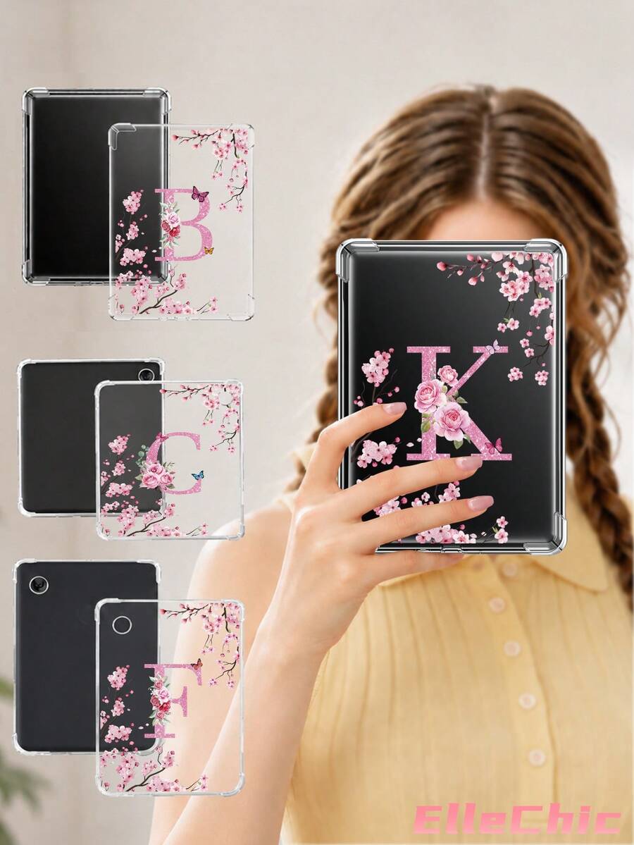 1pc Pink Cherry Blossom & English Letter Pattern Kindle Transparent Protective Case, Anti-Drop, Full Coverage Transparent Shell, Silicone Soft Shell, Compatible With Kindle 11th Gen 2022/Kindle Paperwhite 12th Gen 2024/Kindle Colorsoft Signature Edition, Clara Color/B&W/2E, Back To School|Office & Study Supplies|Perfect Gift