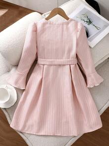 2pcs/Set Princess Dress For Girls 8-12 Years Old, Elegant Style, Pink Tweed + Black Bow On Chest + Pearl Button Front Closure + Detachable Waistband + Flared Sleeve Design + Princess Sleeve, Suitable For Daily Wear / Party - Pink - View 6