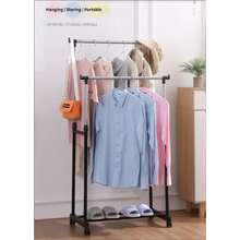 Perchero de ropa con doble barra ajustable y ruedas, perchero de pie resistente, perchero portátil con ruedas para colgar ropa, secadora de ropa multiusos de metal para uso en interiores/exteriores, organizador ahorra espacio para lavandería, armario, boutique - A - Ver 4