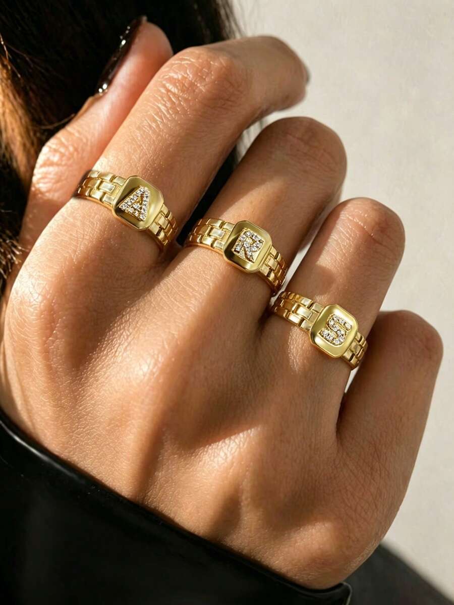 1 pieza Anillo abierto dorado, Anillo de correa de reloj de lujo, Anillo con letra 26 de strass, Adecuado para decoración diaria, Combinación de atuendos, Citas, Decoración de fiestas - Amarillo Oro - Ver 1