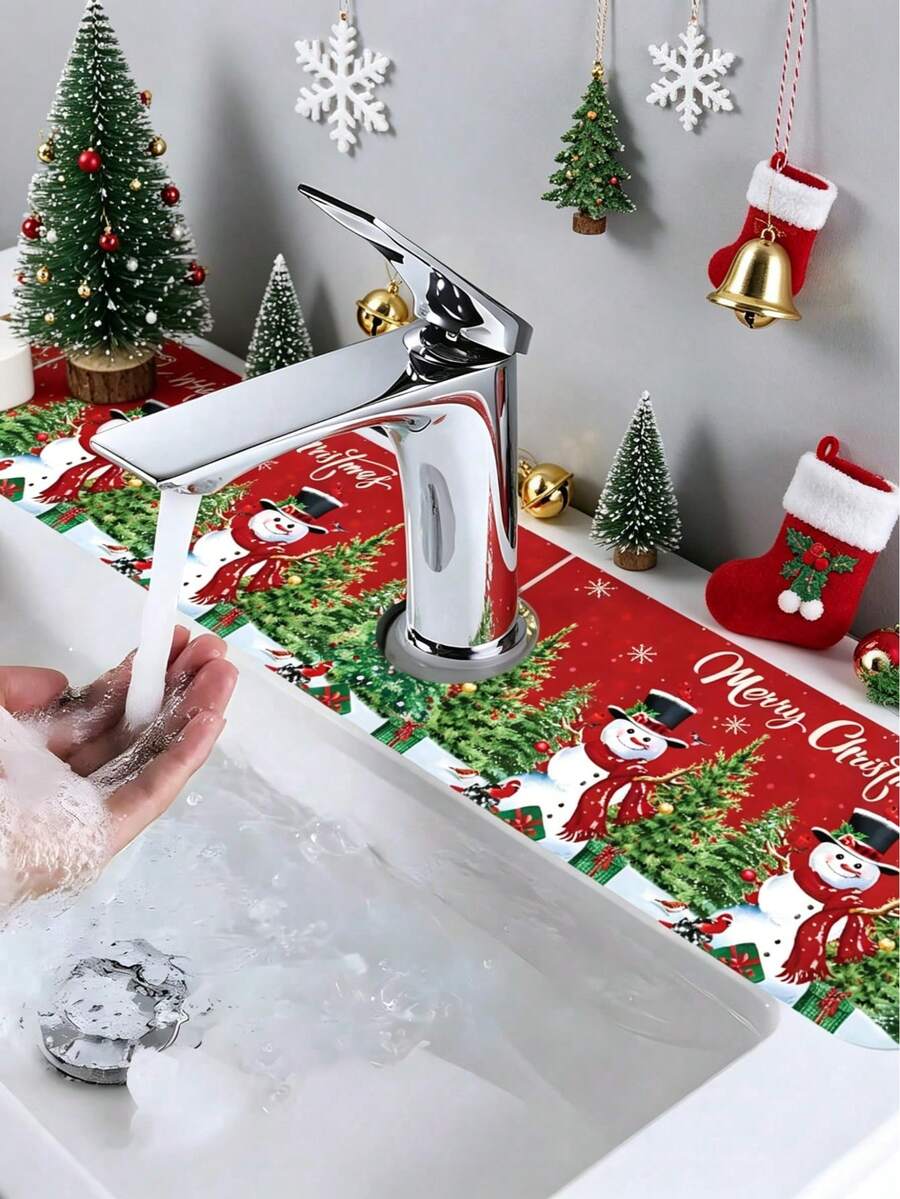 1pc Christmas Faucet Absorbent Drying Mat, Coffee Absorbent Quick-Dry Mat, Waterproof Non-Slip Bathroom Kitchen Sink Faucet Drying Mat, Countertop Faucet Drying Mat, Christmas Decoration Mat, Home Christmas Decor, Bathroom Decor, Kitchen Decor, Toilet Decor, Christmas Gift, Party Gift, 2027 New Year, Winter Decor, Halloween Decor