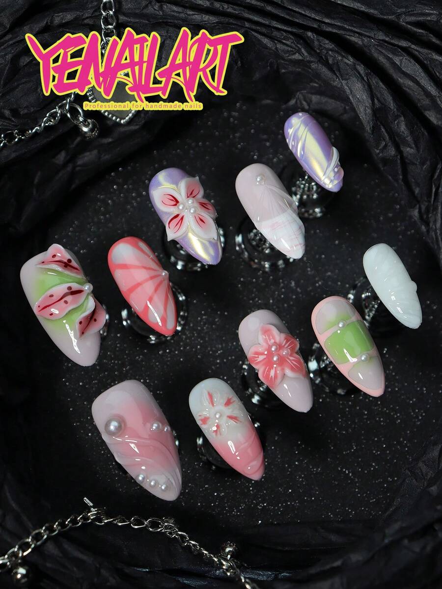 10片手工甜美芭蕾風杏仁形穿戴甲，馬卡龍粉綠漸層搭配3D花朵、蝴蝶與珍珠裝飾，全覆蓋壓克力假指甲，適合新娘、派對、婚禮、日常、休閒與節日美甲