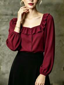 Blusa con cuello cuadrado, botones delanteros y volantes, diseño único con efecto transparente para mujeres - Burdeos - Ver 2