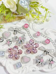 16/14pcs Silver Base Pink Rhinestone Chain Shoe Charms, Bow Heart Four-Point Star Flower Detachable DIY Accessories, Fit Perforated Sandals And Slippers, Holiday Gift - Multicolor - View 2