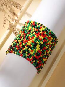 7pcs Black History Month Bohemian Black Red Yellow Green Mixed Color Seed Bead Elastic Bracelets, Random Bead Color Sequence - Multicolor - View 6