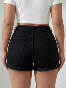 Plus Size High Stretch Black Denim Shorts With Distressed Details, Buttons, Zipper And Pockets Casual Summer - Black - View 3