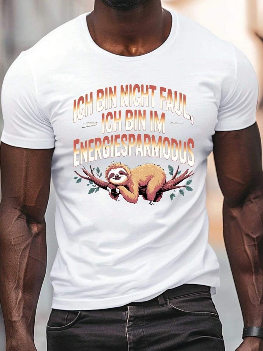 Camiseta casual de manga corta para hombre con diseño de cuello, para el verano, inspirada en el modo de ahorro de energía del Oso Perezoso alemán, disponible en tallas grandes. - Blanco - Ver 1