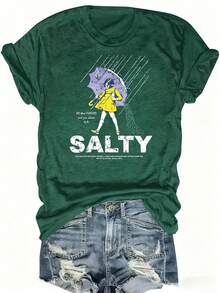 Camiseta de Algodón Estampada a Doble Cara, Cómoda, Elegante con Diseño Minimalista, Casual y Versátil, Estilo INS, Camiseta Gráfica Vintage para Hombre con Diseño de Chica Salada con Paragu - Verde - Ver 1