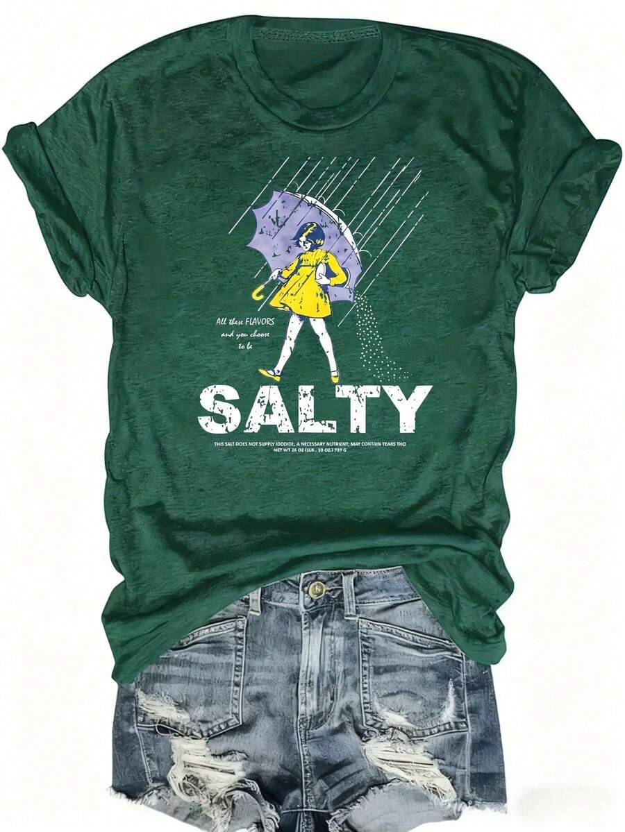 Camiseta de Algodón Estampada a Doble Cara, Cómoda, Elegante con Diseño Minimalista, Casual y Versátil, Estilo INS, Camiseta Gráfica Vintage para Hombre con Diseño de Chica Salada con Paragu - Verde - Ver 1