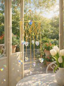 1pc Gold Evil Eye Crystal Suncatcher, Hanging Prism Rainbow Maker, Geometric Diamond Frame Hanging Decor, AB Color Crystal Suncatcher, Boho Sun And Star Crystal Window Hanging, Mystical Evil Eye Hanging Decor, Witchcraft Crystal Prism Ornament, Home Decor Aesthetic Rainbow Maker, Metal Hanging Decor With Teardrop Crystal, Spiritual Crystal Window Hanging, Starry Sun And Star Prism Hanging Decor, Window, Garden, Room Decorative Magic Catcher - Multicolor - View 8