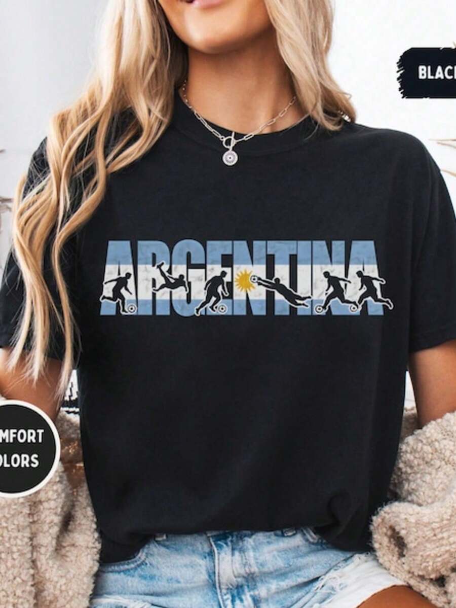 1 Argentina Comfort Color Football Shirt - Patriotic Shirt Of The Argentine National Team For World Football Fans - For Football Lovers - 180g 100% Cotton - 黑色 5 - 查看 1