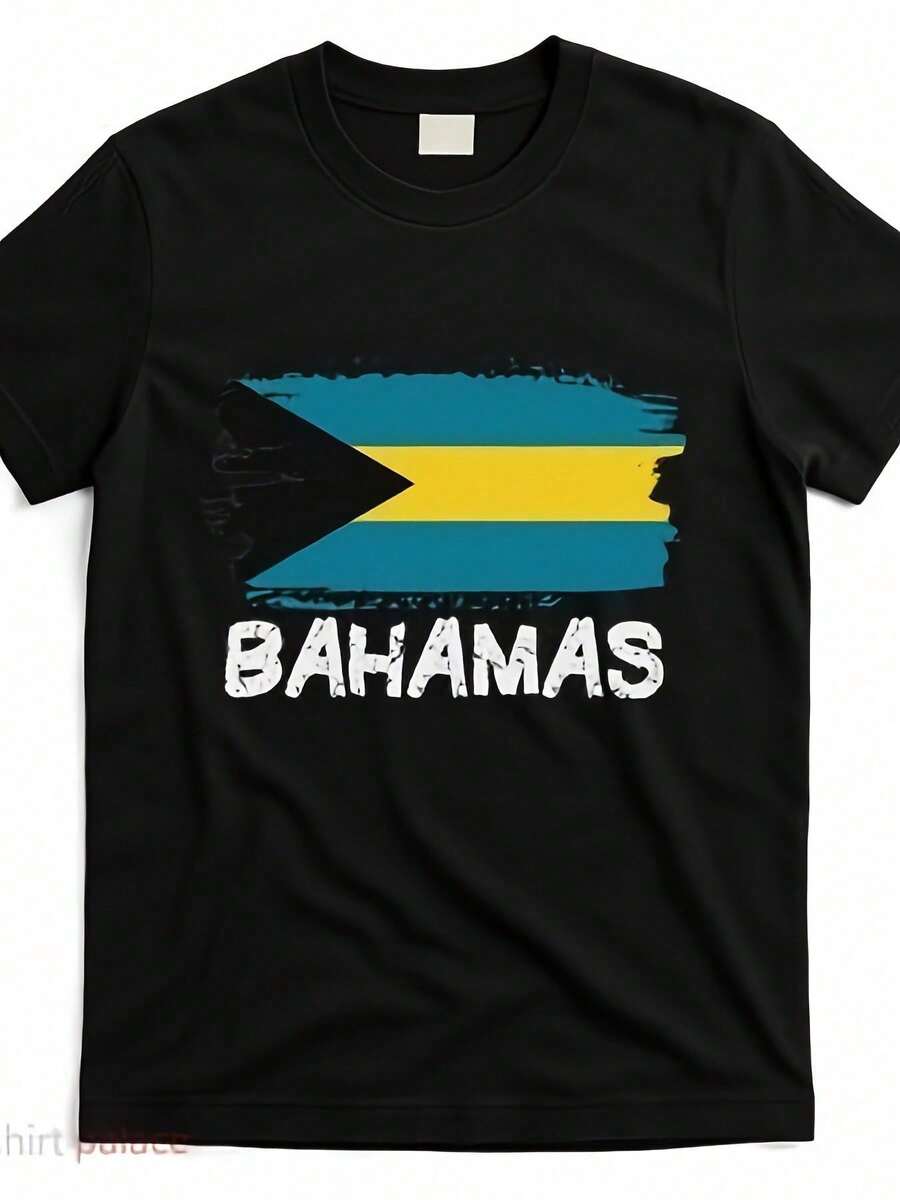Vintage Cool Men's T-Shirt With Bahamas Flag, Casual Short-Sleeve T-Shirt With Round Neck And Graphic Print, Soft And Comfortable Summer Streetwear. - Black - View 1