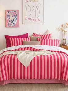 2pcs/3pcs Pink & Red Striped Ruffle Duvet Cover Set (1pc Duvet Cover + 1/2pcs Pillowcase, Comforter Not Included), Suitable For Room Decor, Daily Use, Made Of Polyester Fiber, Soft & Skin-Friendly, Applicable For Master Bedroom, Guest Room, Secondary Bedroom, All Season Use, Fashionable Printed Pattern, Set Combination, Bedroom Upgrade, Home Refresh, Design - Multicolor - View 5
