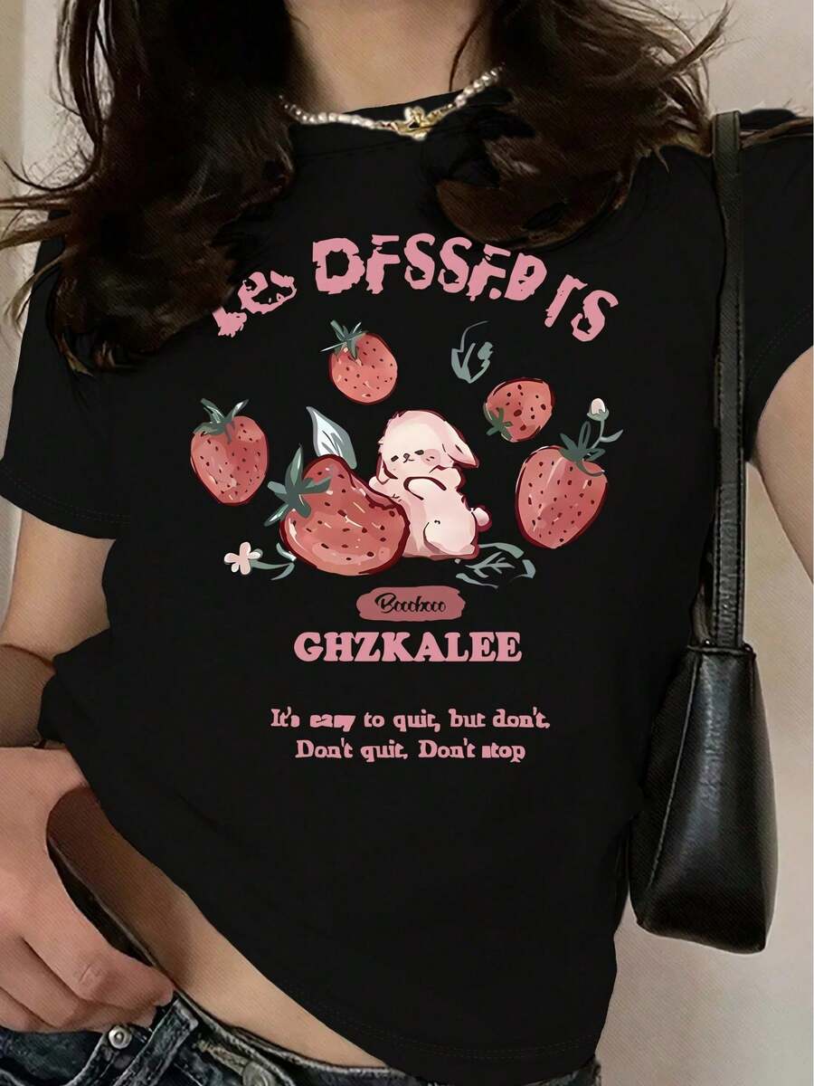 Minimalist. 100% Cotton. 1pac 100% Cotton T-Shirt With Letter, Strawberry, And Bunny Print, Short Sleeve, Casual Crew Neck Top For Spring And Summer, Plus Size Cotton T-Shirt For Women. Spring/Summer Top. - 黑色 - 查看 1