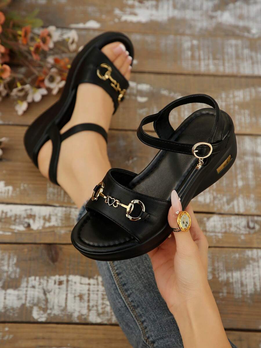 Women's Sequin Decor Buckle Accessory Peep Toe Sandals Summer New Fashion Comfortable Casual Outdoor Gold Wedge Platform Sandals,Holiday Essential