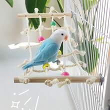 1件裝鸚鵡麻繩攀爬網，緩解無聊的咀嚼玩具，棲架攀爬梯，適用於小鸚鵡/虎皮鸚鵡/牡丹鸚鵡/小型至中型鸚鵡，籠內趣味玩具，鸚鵡玩具，鳥籠配件（珠子與星星顏色隨機） - 繩索軟梯 - 查看 2