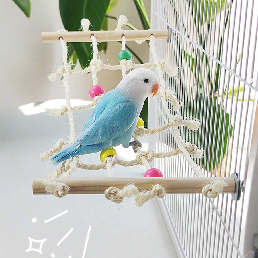 1件裝鸚鵡麻繩攀爬網，緩解無聊的咀嚼玩具，棲架攀爬梯，適用於小鸚鵡/虎皮鸚鵡/牡丹鸚鵡/小型至中型鸚鵡，籠內趣味玩具，鸚鵡玩具，鳥籠配件（珠子與星星顏色隨機）