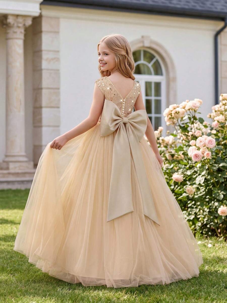 Tween Girl Elegant Bowknot Floral Dress, Suitable For Girls' Wedding, Party, Birthday, Prom And Other Formal Occasions