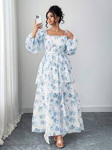 Vestido holgado con cuello cuadrado, mangas farol, cintura ceñida y dobladillo con volantes para tallas grandes - Azul - Ver 1