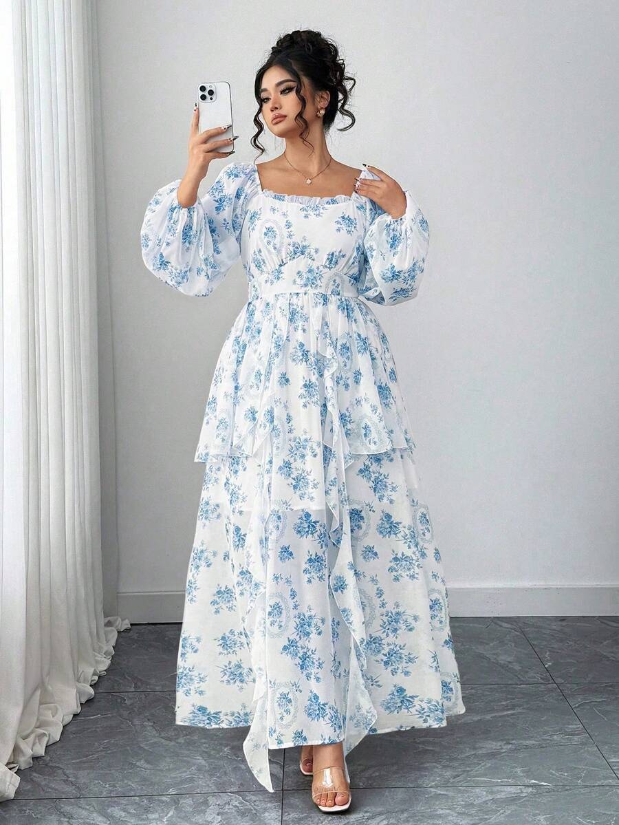 Vestido holgado con cuello cuadrado, mangas farol, cintura ceñida y dobladillo con volantes para tallas grandes - Azul - Ver 1