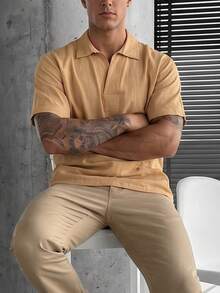glestore Camisa Polo de Linho de Manga Curta com Cor Sólida Retrô para Homens: Macia e Confortável, Adequada para Uso Casual, Férias e Deslocamento Diário - Castanho - Visão 6