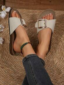 Nuevas sandalias planas de moda de verano con decoración floral blanca y correa elástica en la espalda, sandalias de playa - Blanco - Ver 6