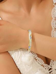 1 Pieza Brazalete Bañado En Oro Con Esmalte Cloisonné, Pedrería Y Resina Para Mujer - Azul - Ver 2
