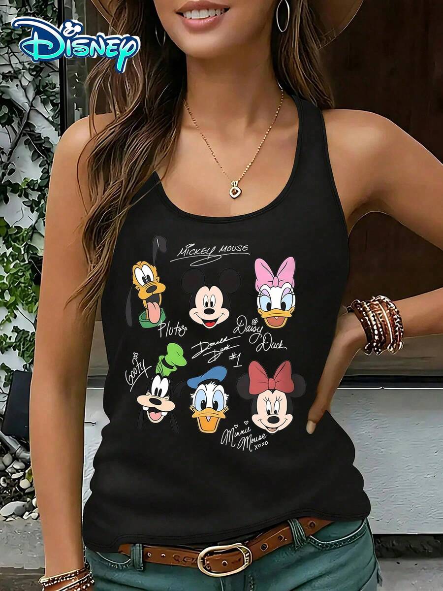 Disney Official Authorization | Women's Casual Round Neck Sleeveless Vest. With Disney Character Group Images As The Theme, It Is Simple And Full Of Retro Feeling With Character Avatars And Signature Prints. It Is A Versatile Basic Item For Daily Use And An Ideal Choice For American Retro Enthusiasts. - 黑色 - 查看 1