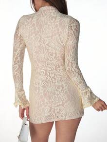 Women Flare Long Sleeve Hollow Out Lace Mini Dress Bodycon Sexy Party Dress - Màu be - Xem 2