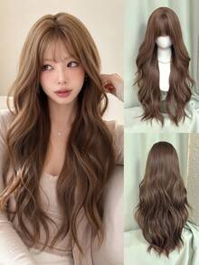 [MONEET SECRET] 28 Inch Long Loose Wavy Synthetic Wig, Light Chestnut Brown With Air Bangs, Heat-Resistant Synthetic Fiber, Natural Flowing Soft Curly Hair Wig For Women, Suitable For Daily Wear, Dating, Party, Cosplay, Fashion Style, Halloween - Brown - View 3