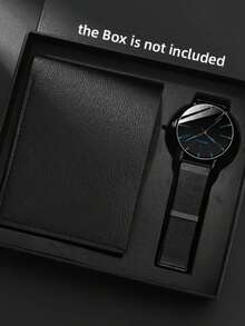 2pcs/Set Conjunto de Relojes de Moda Minimalista para Hombres, Reloj de Cuarzo con Correa de Malla & Banda de Acero - Negro - Ver 1