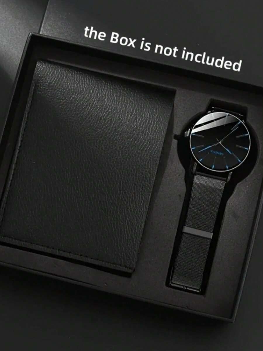 2pcs/Set Conjunto de Relojes de Moda Minimalista para Hombres, Reloj de Cuarzo con Correa de Malla & Banda de Acero - Negro - Ver 1