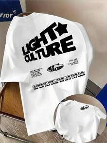 T-Shirt Homme 180g En Coton 100% Avec Impression à Chaud, Col Rond Respirant Et Confortable, Design Double-Face LIGHT CULTURE Avec Motif Étoile, T-Shirt Streetwear décontracté D'été Polyvalent, Résistant Et Facile à Laver, Idéal Pour Le Fitness, Les Voyages, Les Activités Extérieures Et Le Look Urbain Quotidien Moderne - Blanc - Voir 1