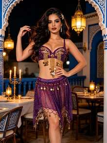 Bohemian Coin Halter Top & Sequin Mesh Skirt, Handcrafted Festival Wear For Fusion, Exotic Events, Moroccan-Themed Parties And Renaissance Faires (Multiple Colors Available) - Multicolor - View 13