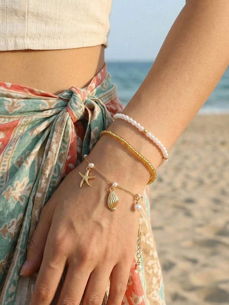 3pcs/Set Girls Pearl Beaded Starfish & Shell Pendant Bracelet Set, Suitable For Daily Decoration - Multicolor - View 1