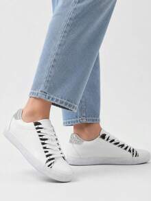 Women's Animal Print Sneakers. Sporty Style, Round Toe, Lace-Up Closure, Faux Leather, Shaded Sole, Textile Insole. - White - View 1