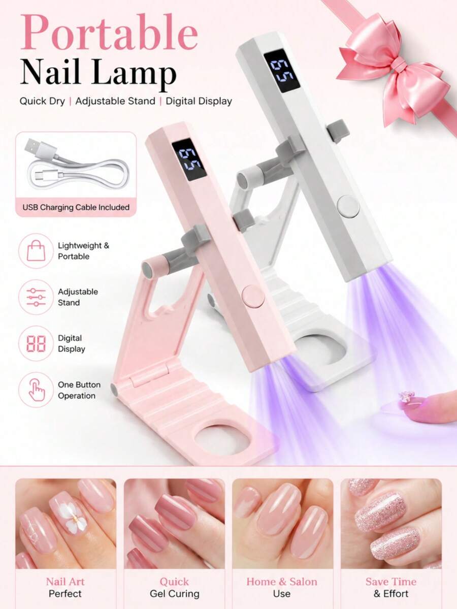 LIMEGIRL Lámpara de uñas portátil plegable y giratoria 360° con soporte, adecuada para manicura casera DIY y salón, esmalte de uñas para mujeres, blanco y rosa - Multicolor - Ver 1