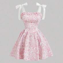 MOD Vestido corto rosado de mujer con estampado floral marrón y cinturón, vestido de patinadora acampanado vintage para graduación y té - Amarillo - Ver 2