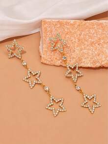 1 đôi bông tai dáng dài đính đá rhinestone lấp lánh sang trọng tinh xảo, phụ kiện dạ tiệc - Vàng - Xem 4