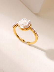 1pc Women's Exquisite Rose Open Ring, Elegant Flower Ring With Faux Pearls And Cubic Zirconia, Stainless Steel Ring, Women's Accessory, Promise Ring, Engagement Wedding Jewelry For Her, Valentine's Day Gift, Anniversary Gift - Multicolor - View 3